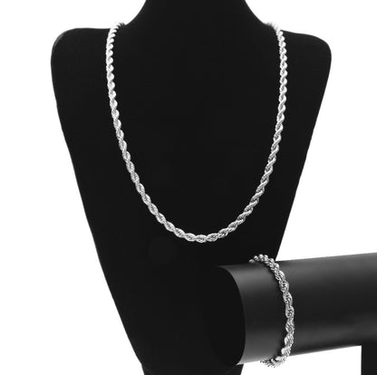 Unisex 6mm Twisted Rope Chain Necklace & Bracelet Set in Gold or Silver Tone