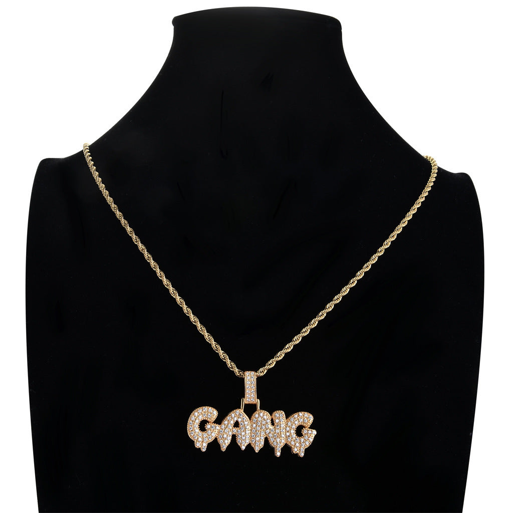 Hip Hop Letter Teardrop Cubic Zirconia Pendant Necklace for Men and Women