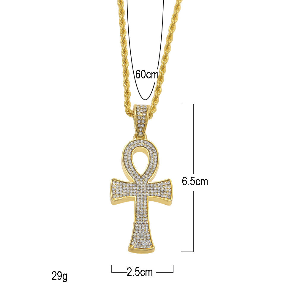 Gold Plated Ankh Pendant Necklace with Crystal Pavé Rope Chain for Women and Men