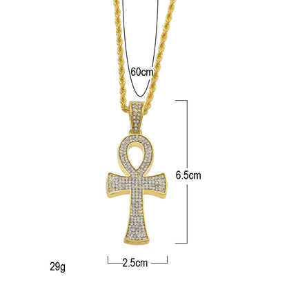 Gold Plated Ankh Pendant Necklace with Crystal Pavé Rope Chain for Women and Men