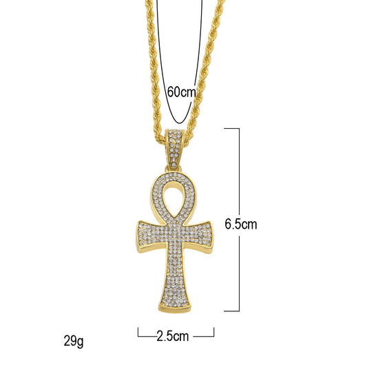 Gold Plated Ankh Pendant Necklace with Crystal Pavé Rope Chain for Women and Men
