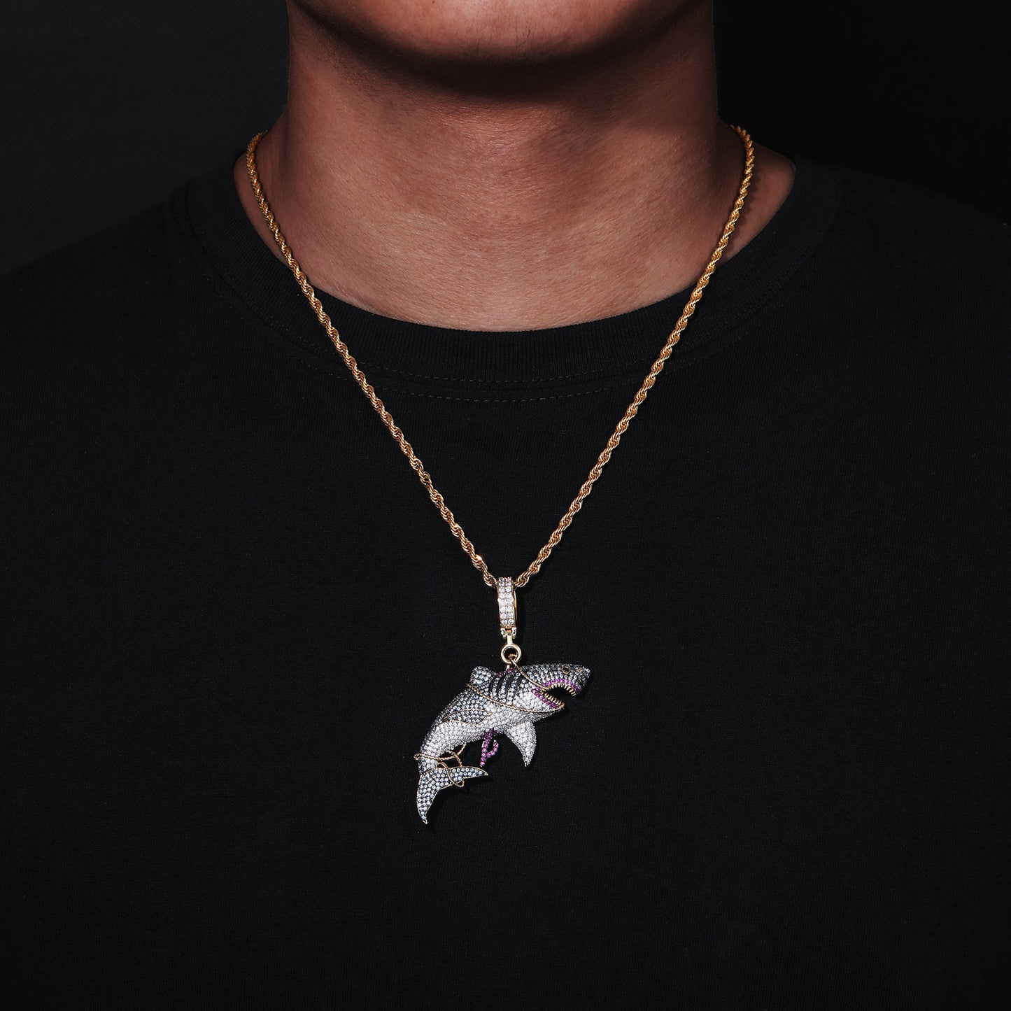 Iced Out Shark Pendant Necklace in Gold Tone with Cubic Zirconia Hip Hop Statement Chain product image
