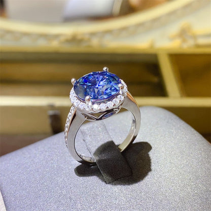 Blue Moissanite Halo Ring for Women, Round Cut Engagement Ring, 1 Carat 2 Carat 3 Carat 5 Carat Promise Ring