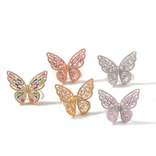 Adjustable Butterfly Ring with Pink Cubic Zirconia in Rose Gold Tone for Women and Men