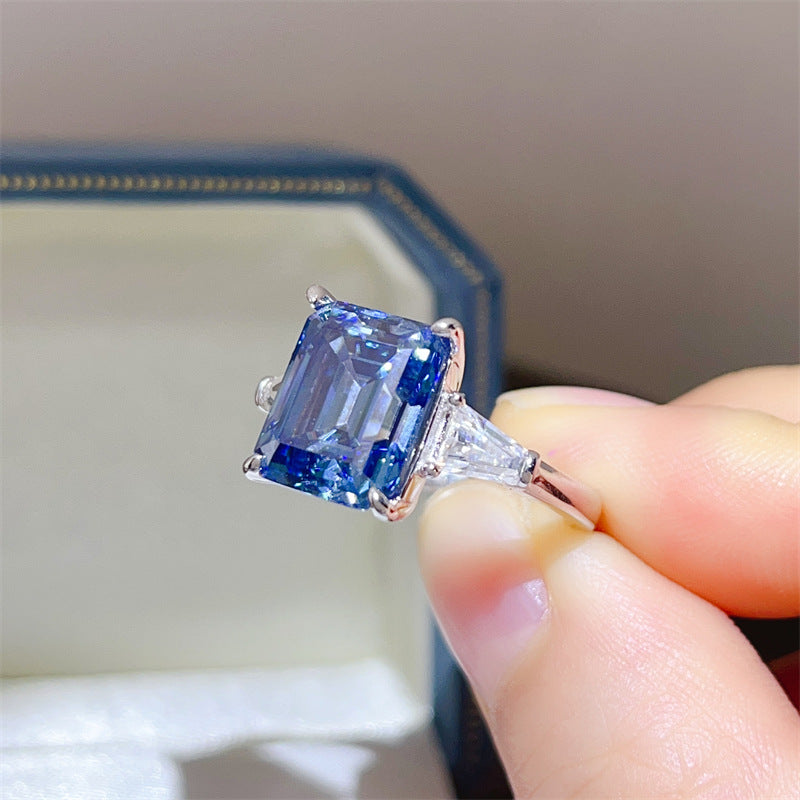 5 Carat Blue Moissanite Ring for Women, Emerald Cut Three Stone Engagement Ring product image