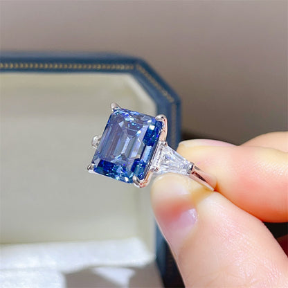 5 Carat Blue Moissanite Ring for Women, Emerald Cut Three Stone Engagement Ring