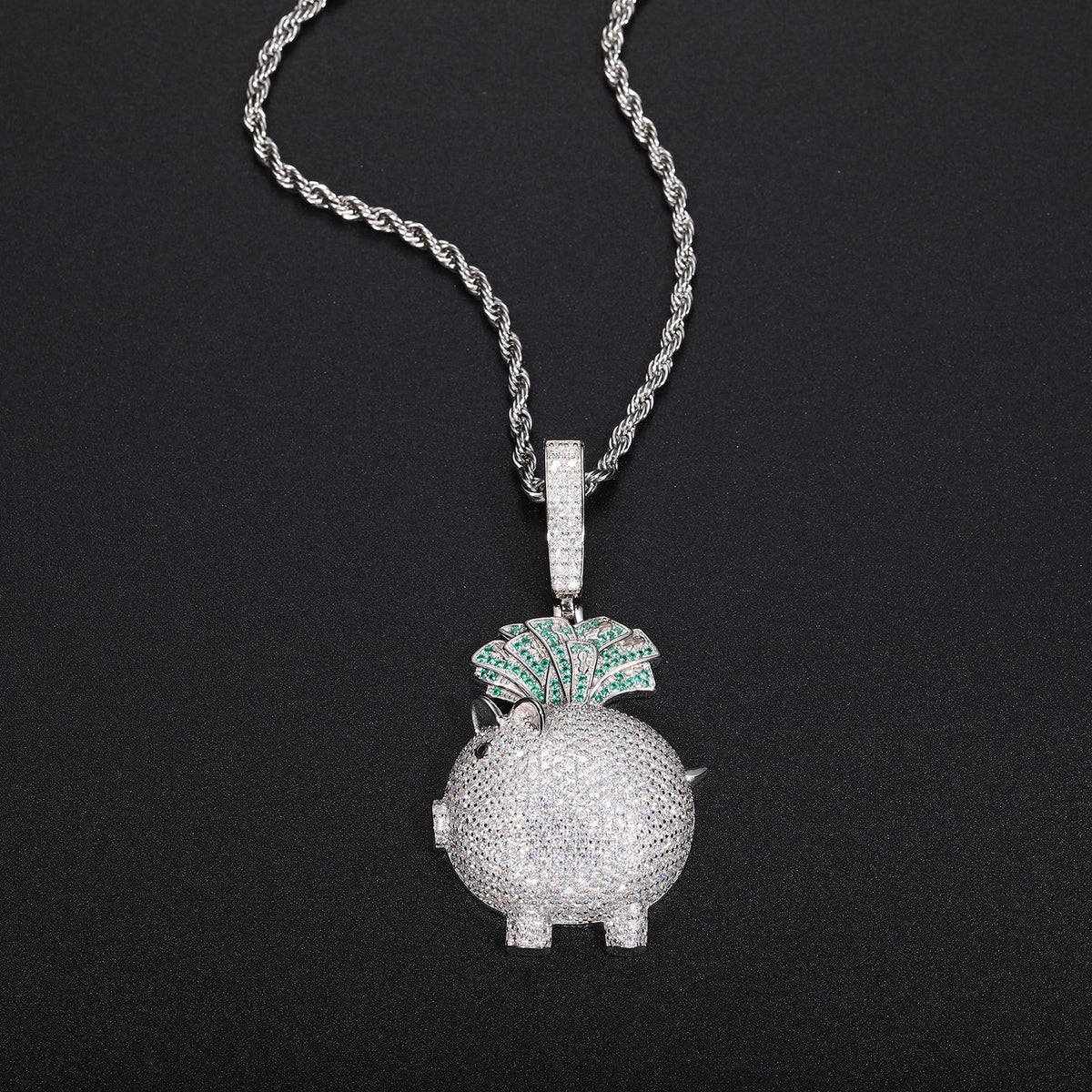 925 Silver Moissanite Iced Out Pig Money Pendant Necklace product image