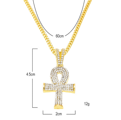 Gold Tone Crystal Ankh Pendant Necklace with 3mm Cuban Chain for Women