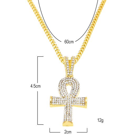 Gold Tone Crystal Ankh Pendant Necklace with 3mm Cuban Chain for Women