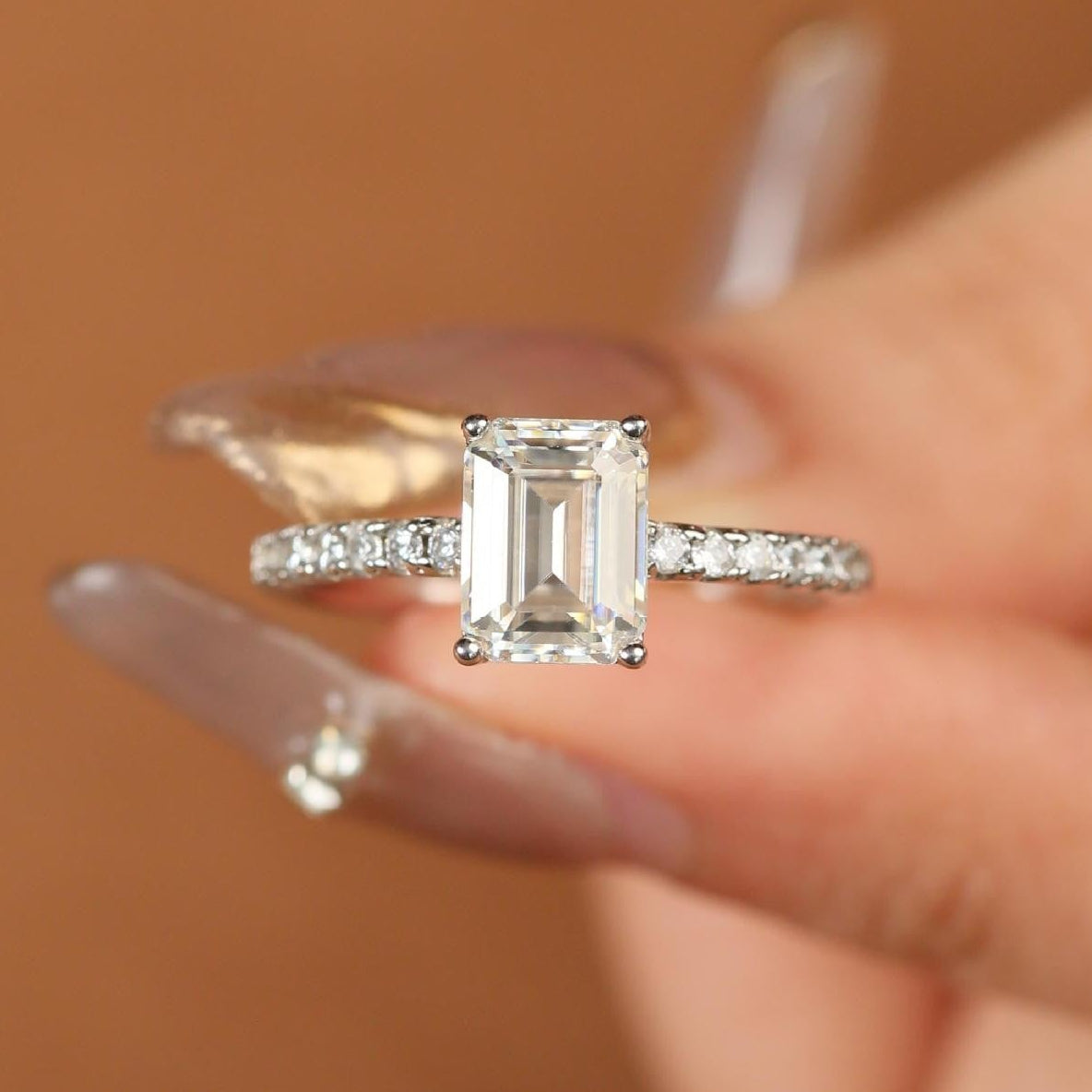 1 Carat Emerald-Cut Moissanite Rings, S925 Silver Pavé Band product image