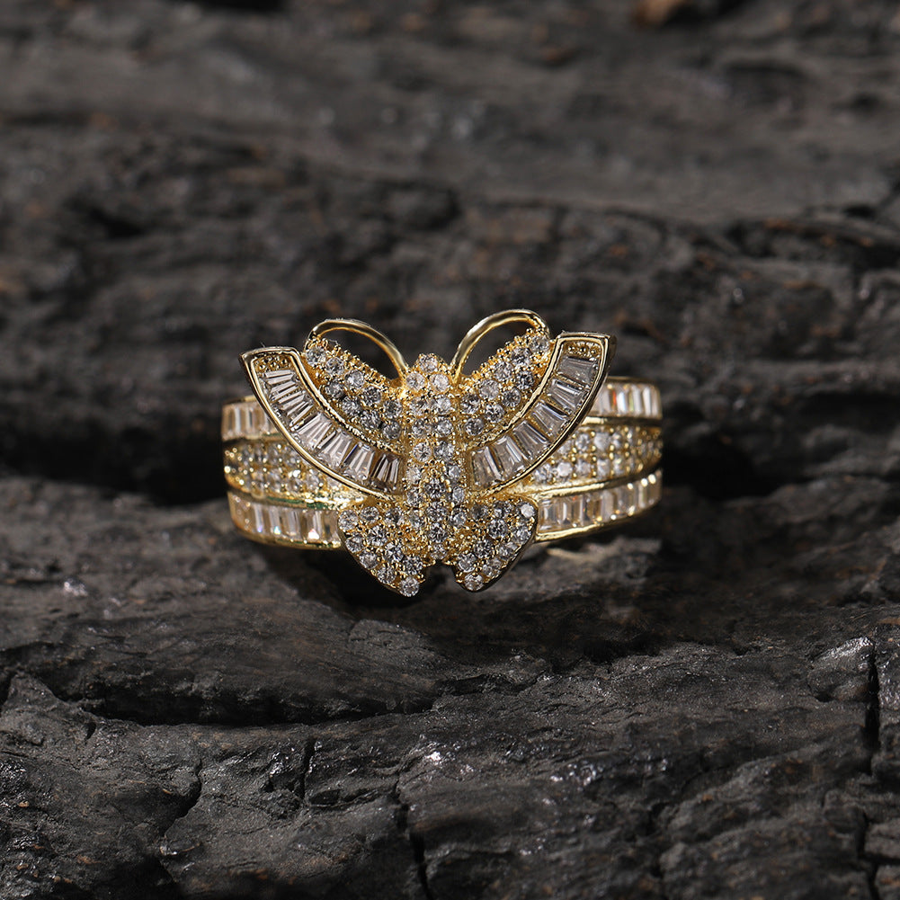 Adjustable Gold Plated Butterfly Ring for Women with Cubic Zirconia - Elegant Statement Open Ring