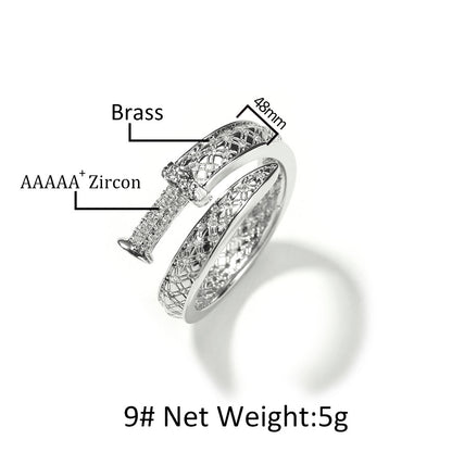Unisex Silver Tone Cubic Zirconia Statement Ring - Trendy Openwork Line Band for Women & Men