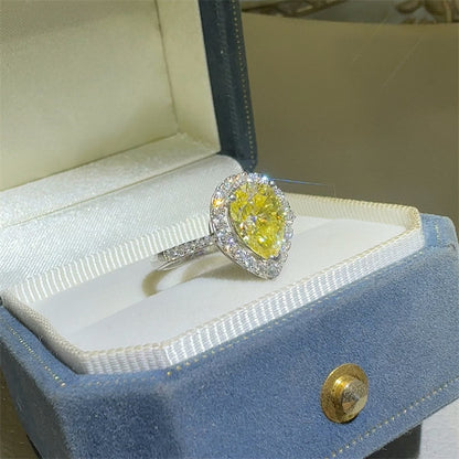 Yellow Pear Moissanite Halo Ring for Women - Engagement Ring, Promise Ring, 1 Carat or 2 Carat