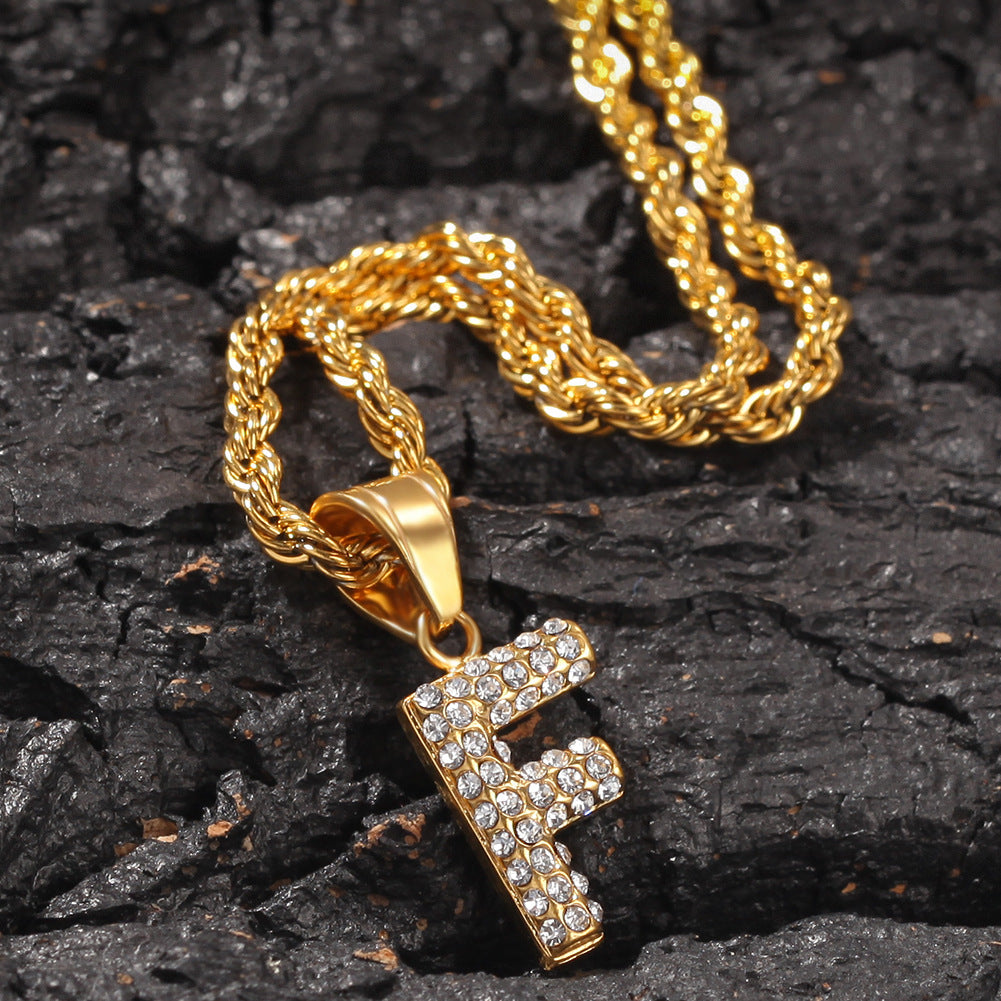Iced Initial Letter Pendant Necklace for Men in Stainless Steel with Rhinestones, 24-Inch Twist Chain, Gold and Silver Tone A-Z