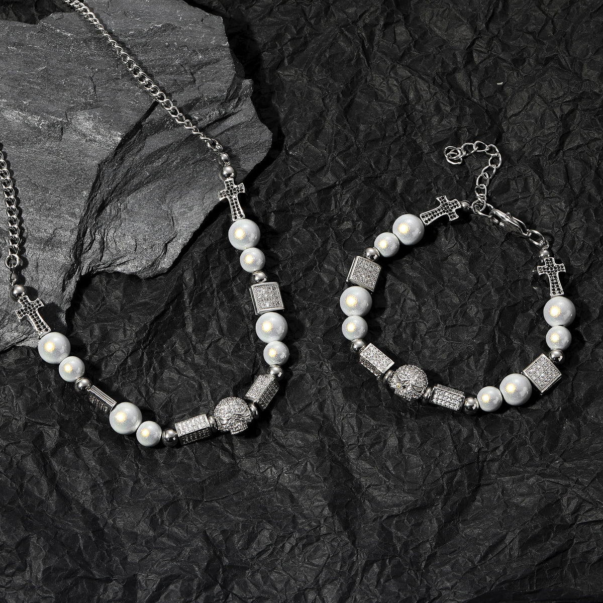 Hip Hop Vintage Cross Skull Pearl Bracelet for Men product image