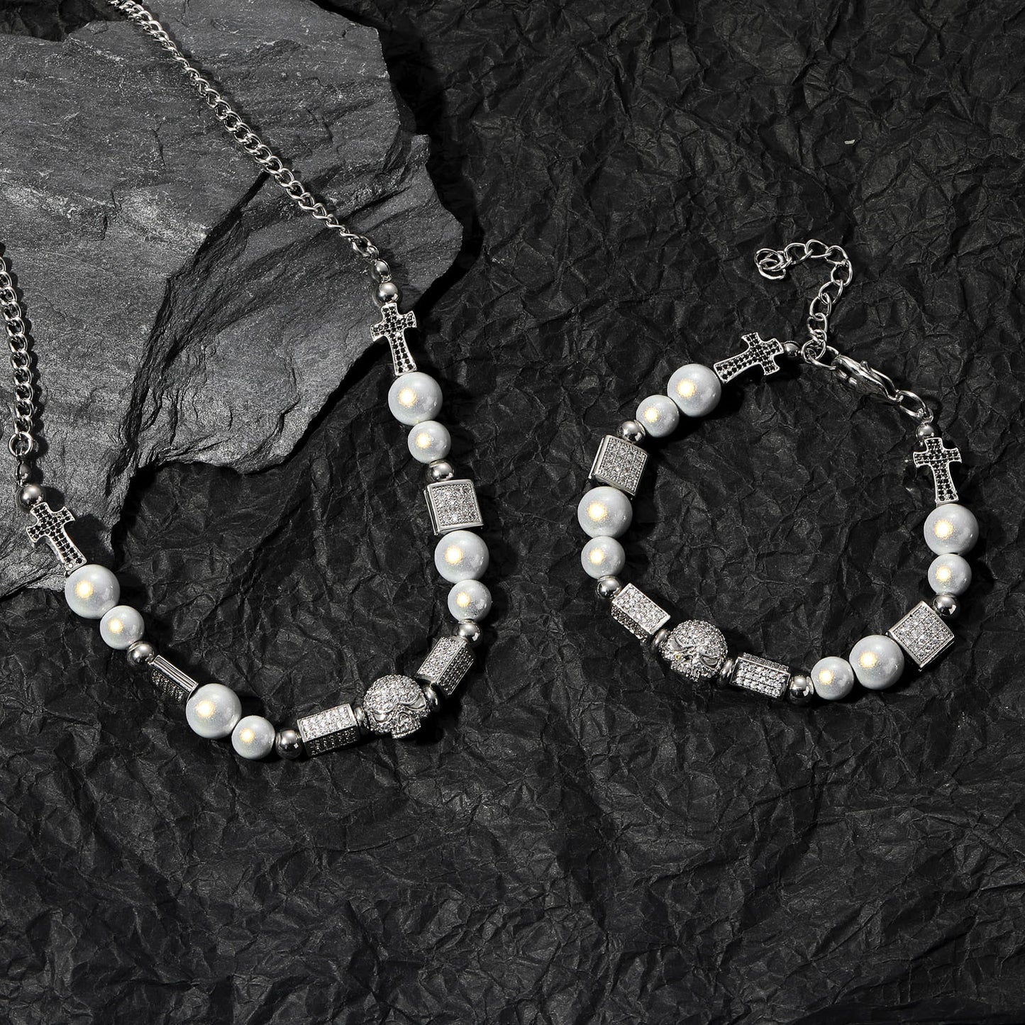 Hip Hop Vintage Cross Skull Pearl Bracelet for Men