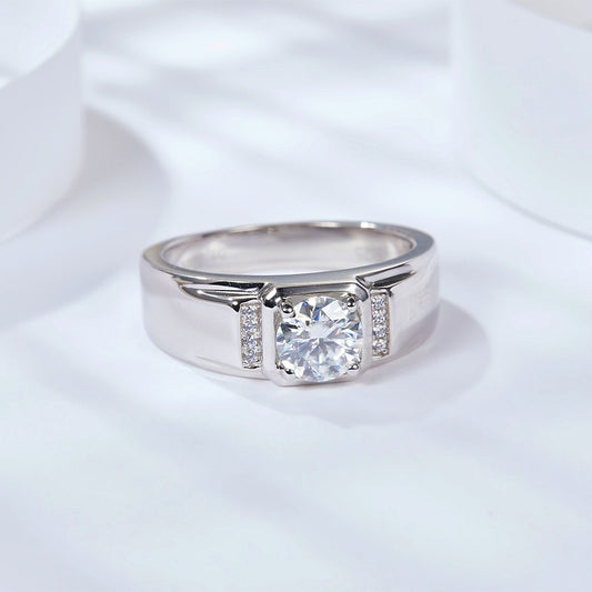 Men’s 1 Carat Moissanite Ring, 18K Gold Plated Wedding Band with Round Center Stone and Side Accents alternate product image