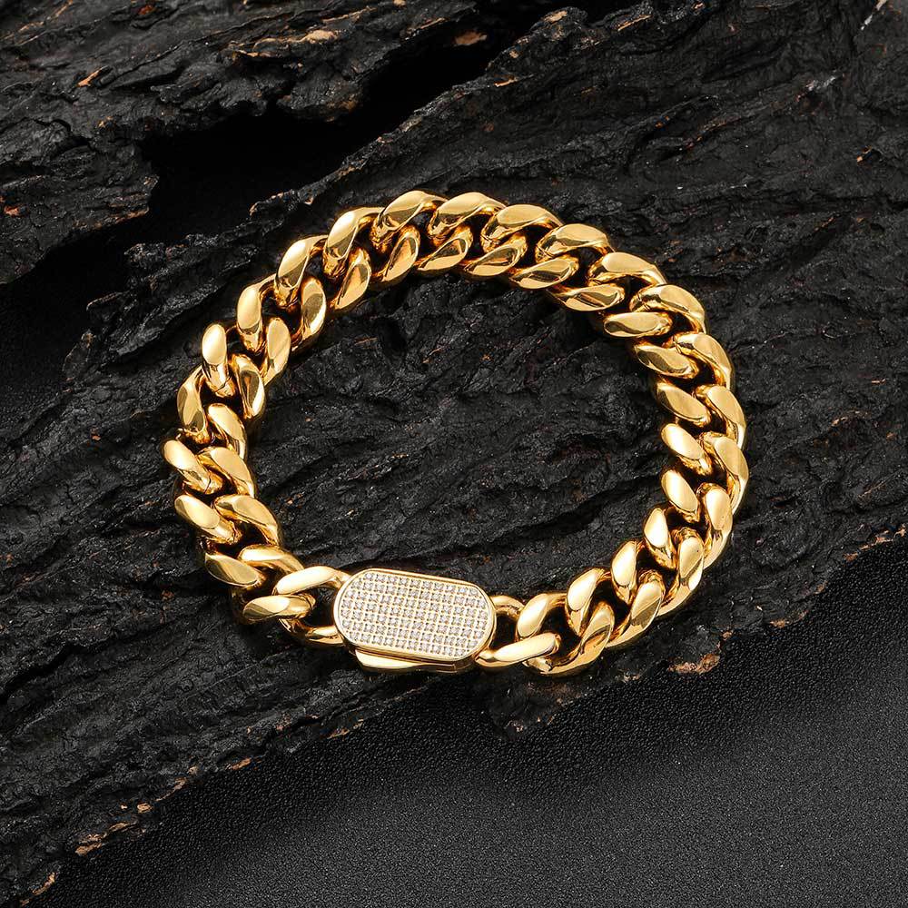 6-12 mm Polished Cuban with Stone-Accent Clasp Hip Hop Bracelet with Stainless steel Base - CHA151 product image
