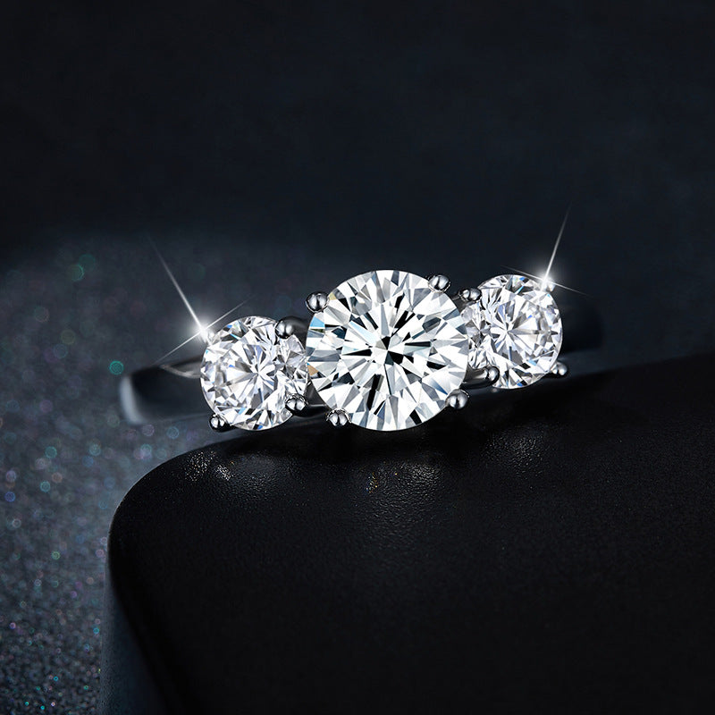 Moissanite Three-Stone Ring for Women, 925 Silver, 6.5mm Round Cut product image