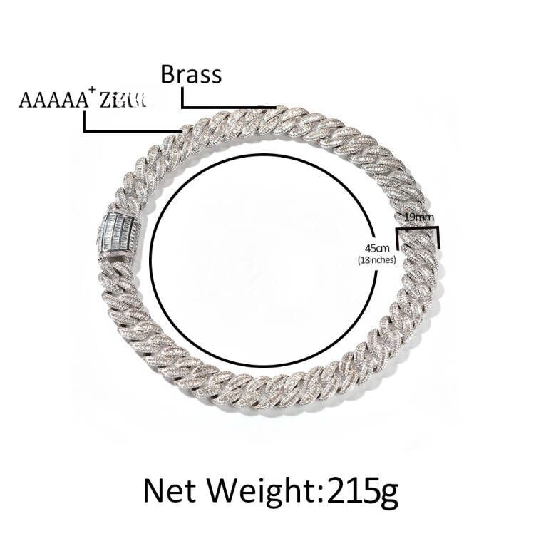 19mm Iced Out Cuban Link Chain Necklace for Men Women, Copper Rhinestone Hip Hop Statement Necklace, Silver Tone 16/18/20 Inch