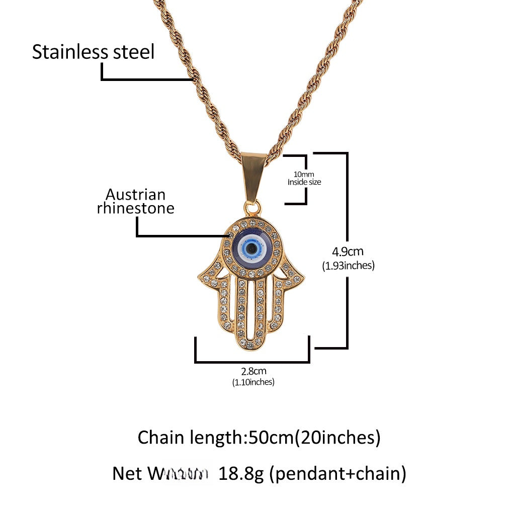 Gold Plated Evil Eye Hamsa Hand Pendant Necklace with Cubic Zirconia Hip Hop Statement Chain product image