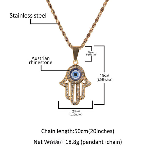 Gold Plated Evil Eye Hamsa Hand Pendant Necklace with Cubic Zirconia Hip Hop Statement Chain