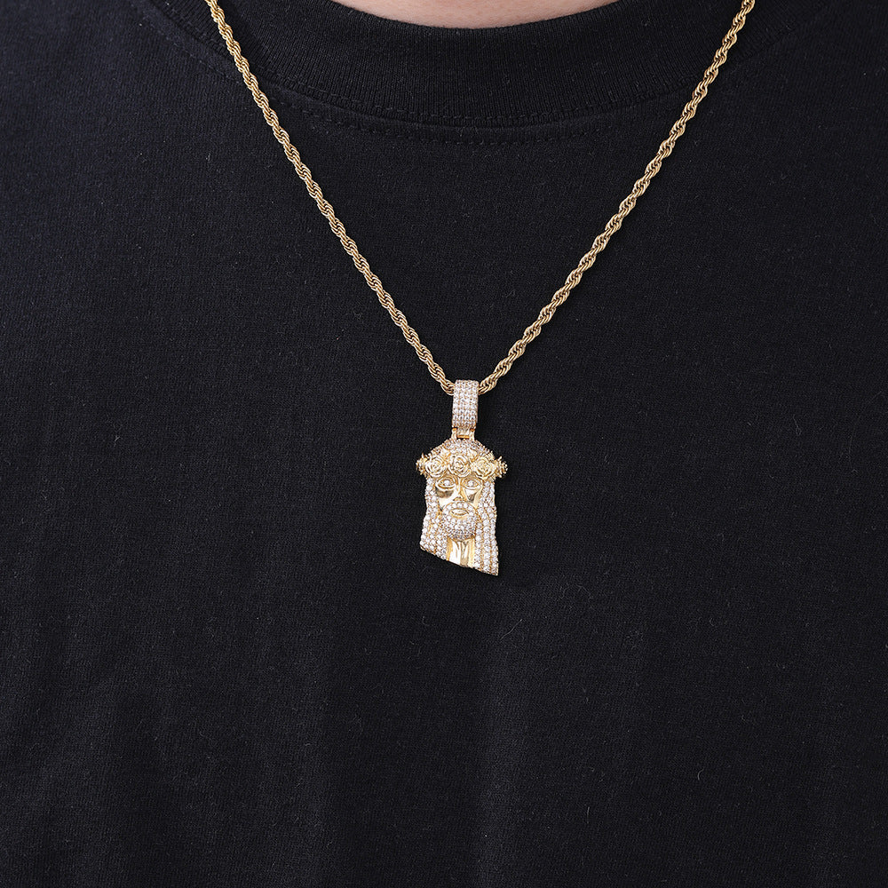 Men’s Hip Hop Portrait Pendant Necklace, Rope Chain, Stone-Set Streetwear Charm