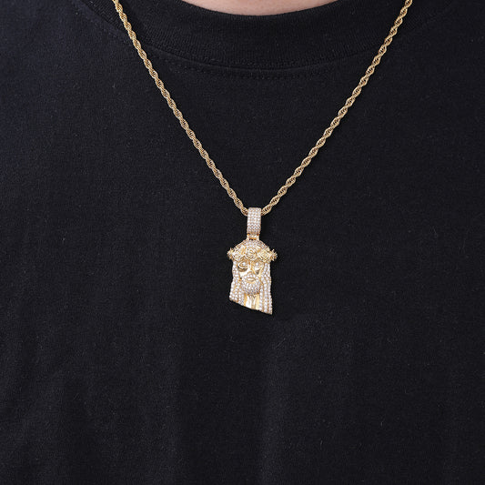 Men’s Hip Hop Portrait Pendant Necklace, Rope Chain, Stone-Set Streetwear Charm