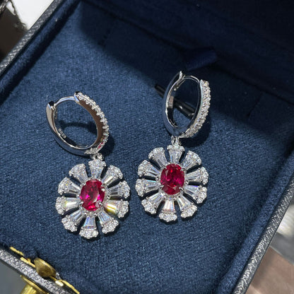 Ruby Red Crystal Flower Jewelry Set for Women, Necklace Earrings Ring