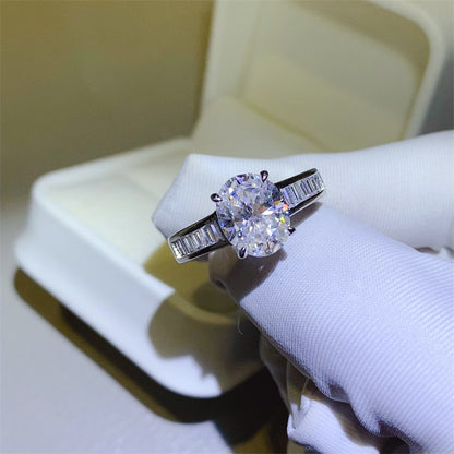 Oval Moissanite Ring with Baguette Side Stones, Vintage Style Engagement Ring for Women