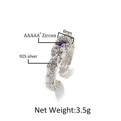 Men’s Irregular Silver Ring with Purple Cubic Zirconia – Hip Hop Statement Open Band