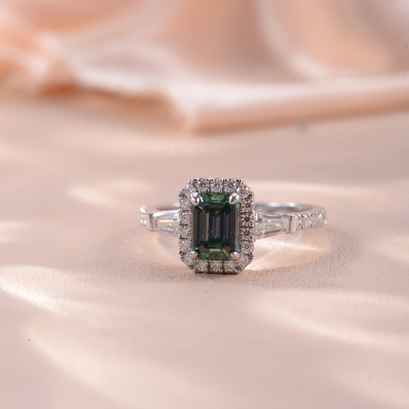 Emerald-Cut Green Moissanite Halo Ring for Women, 18K Gold-Plated Ring product image