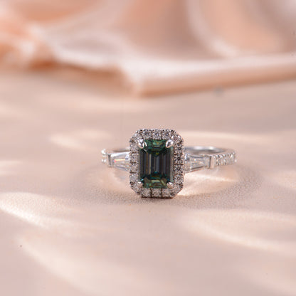 Emerald-Cut Green Moissanite Halo Ring for Women, 18K Gold-Plated Ring