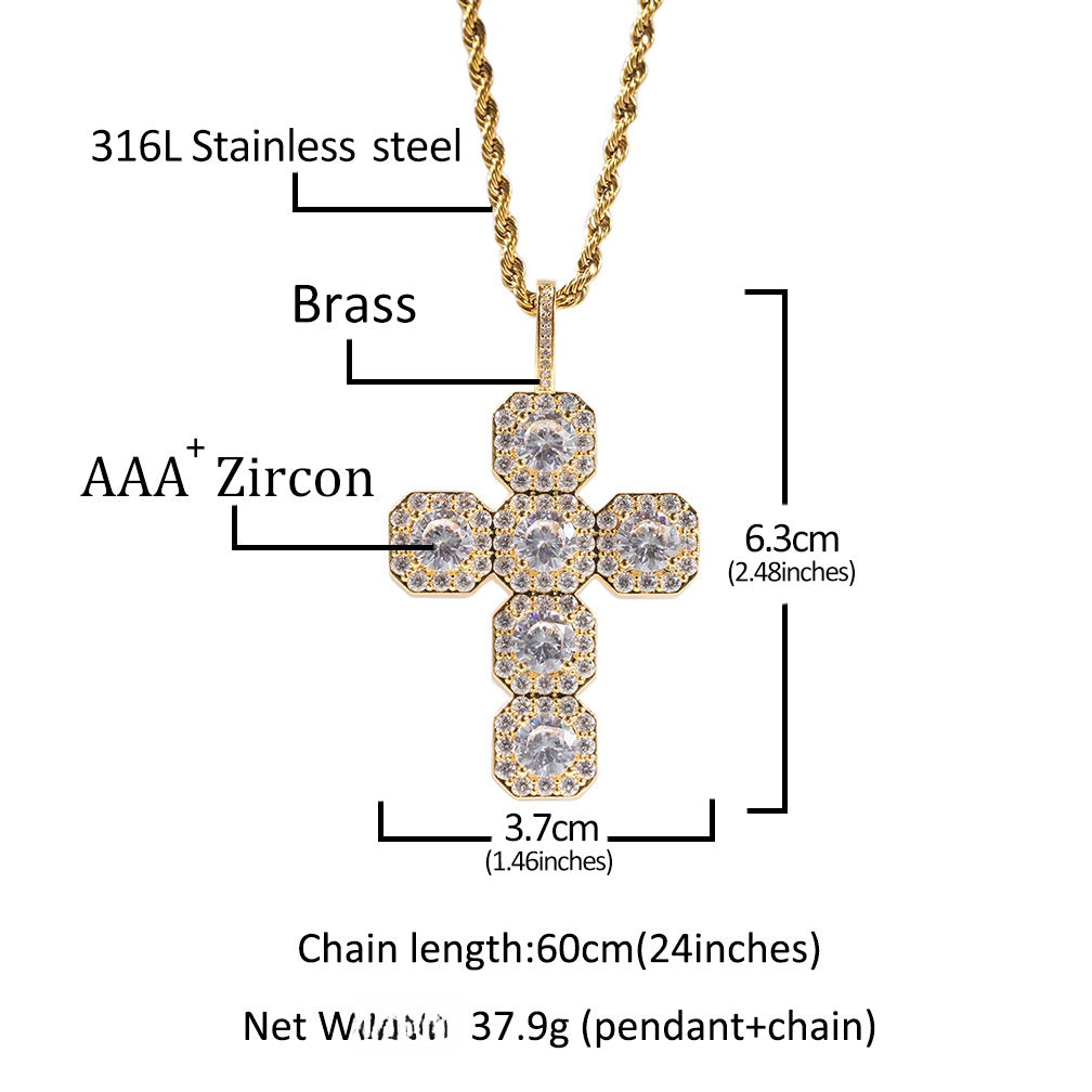 Cubic Zirconia Cross Pendant Necklace for Women - Gold or Silver Tone Chain, Cuban or Twist Chain, Statement Faith Jewelry