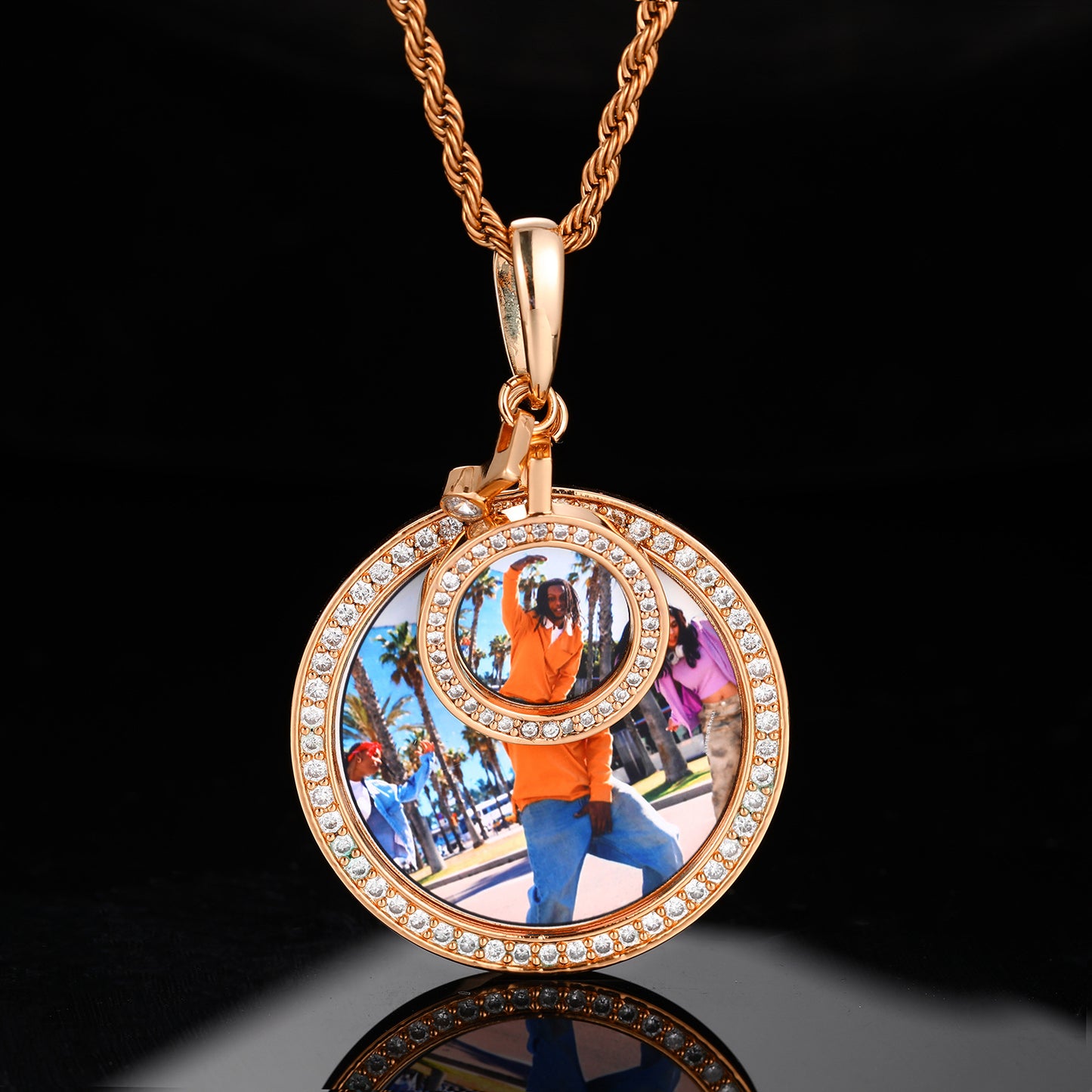 Iced Out Round Photo Pendant Necklace with Rope Chain - Custom Picture Hip Hop Chain in Silver, Gold, or Rose Gold Tone product image