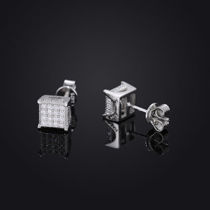 Vintage Hip Hop Crown Square Moissanite Stud Earrings in 925 Silver for Men and Women