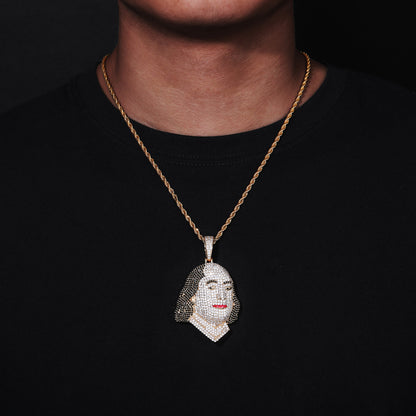 Portrait Face Zircon Hip Hop Pendant Necklace with Rope Chain