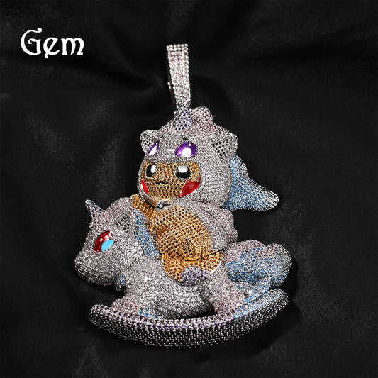 Iced Cartoon Rocking Horse Pendant Necklace with Cubic Zirconia Hip Hop Chain for Women & Men