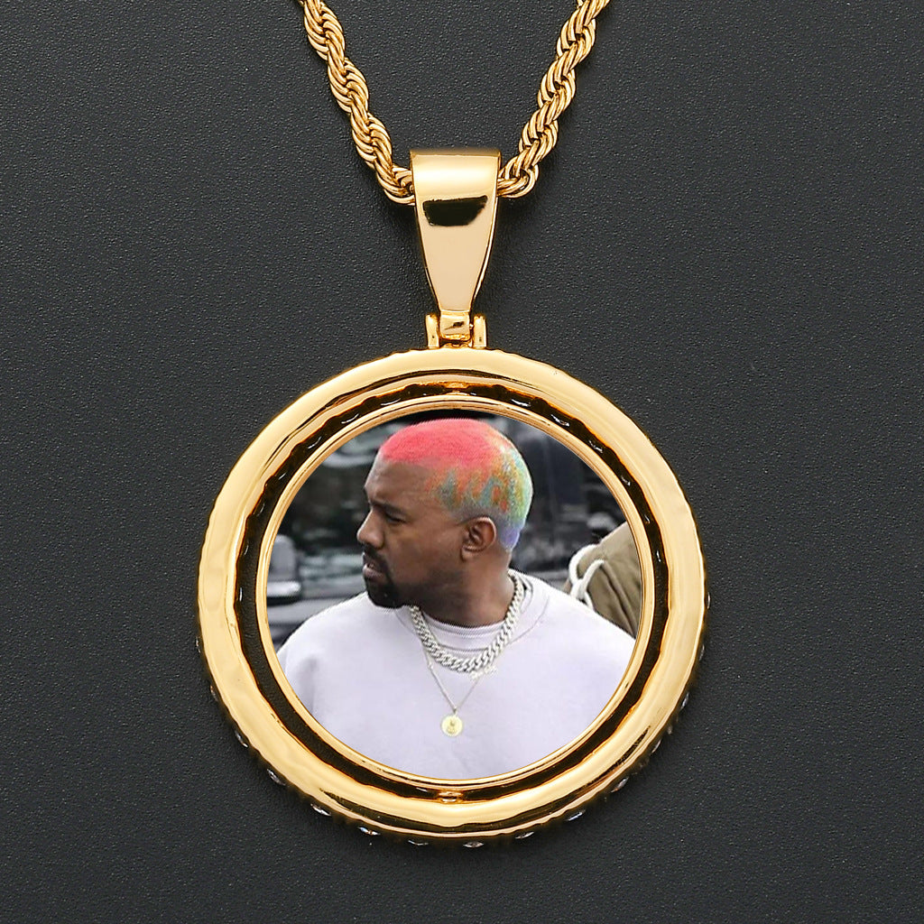 Hip Hop Round Photo Frame Copper Pendant Necklace for Men and Women