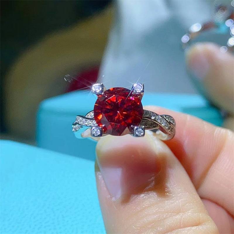 2 Carat Pigeon Blood Red Moissanite Ring for Women, Round Cut Twist Band Ring product image