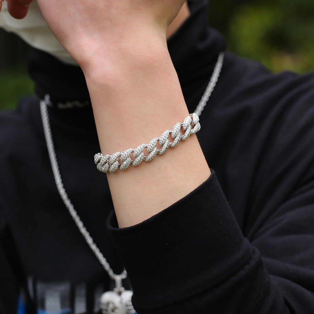 Men’s Iced Out Cuban Link Bracelet with Cubic Zirconia, Gold Plated or Silver Plated Copper Chain Bracelet, 12mm Statement Jewelry