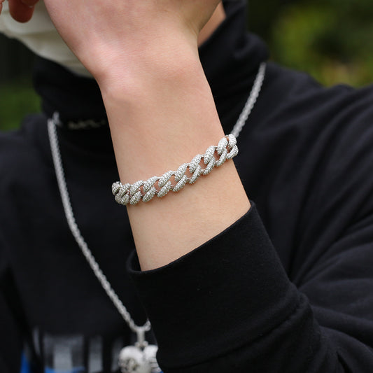 Men’s Iced Out Cuban Link Bracelet with Cubic Zirconia, Gold Plated or Silver Plated Copper Chain Bracelet, 12mm Statement Jewelry