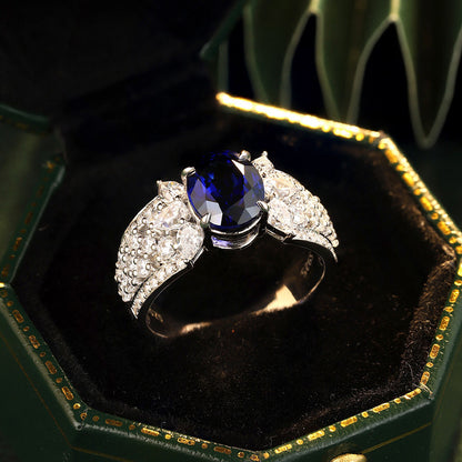 Blue Oval Sapphire Halo Ring, S925 Sterling Silver Promise Ring for Women