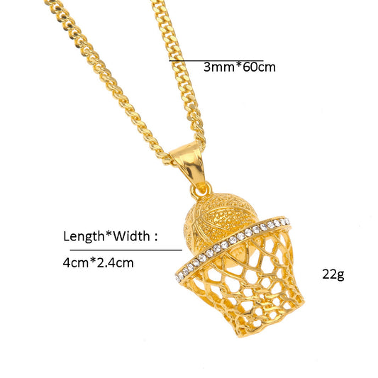 Iced Basketball Hoop Pendant Necklace with 3mm Stainless Steel Cuban Chain for Women & Men