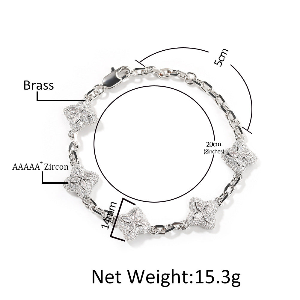 Silver Tone Four Leaf Clover Bracelet Necklace Set with Cubic Zirconia, Adjustable Unisex Statement Chain Jewelry