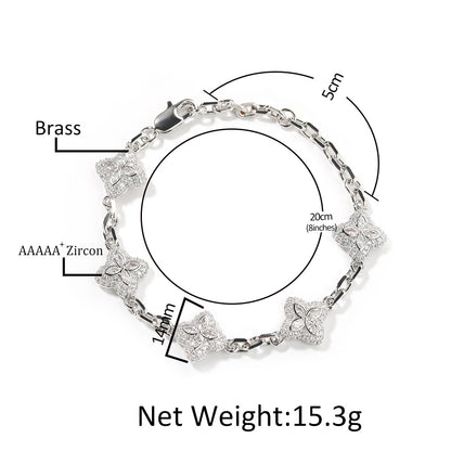 Silver Tone Four Leaf Clover Bracelet Necklace Set with Cubic Zirconia, Adjustable Unisex Statement Chain Jewelry