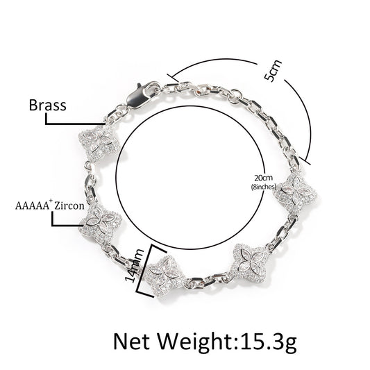 Silver Tone Four Leaf Clover Bracelet Necklace Set with Cubic Zirconia, Adjustable Unisex Statement Chain Jewelry