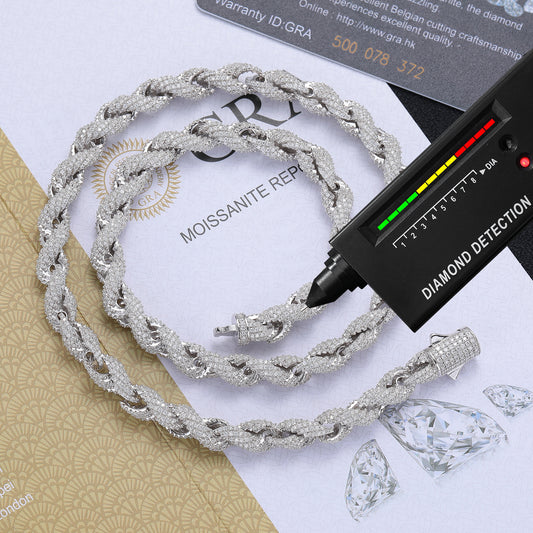 Unisex 925 Silver Moissanite Twisted Rope Chain Necklace & Bracelet