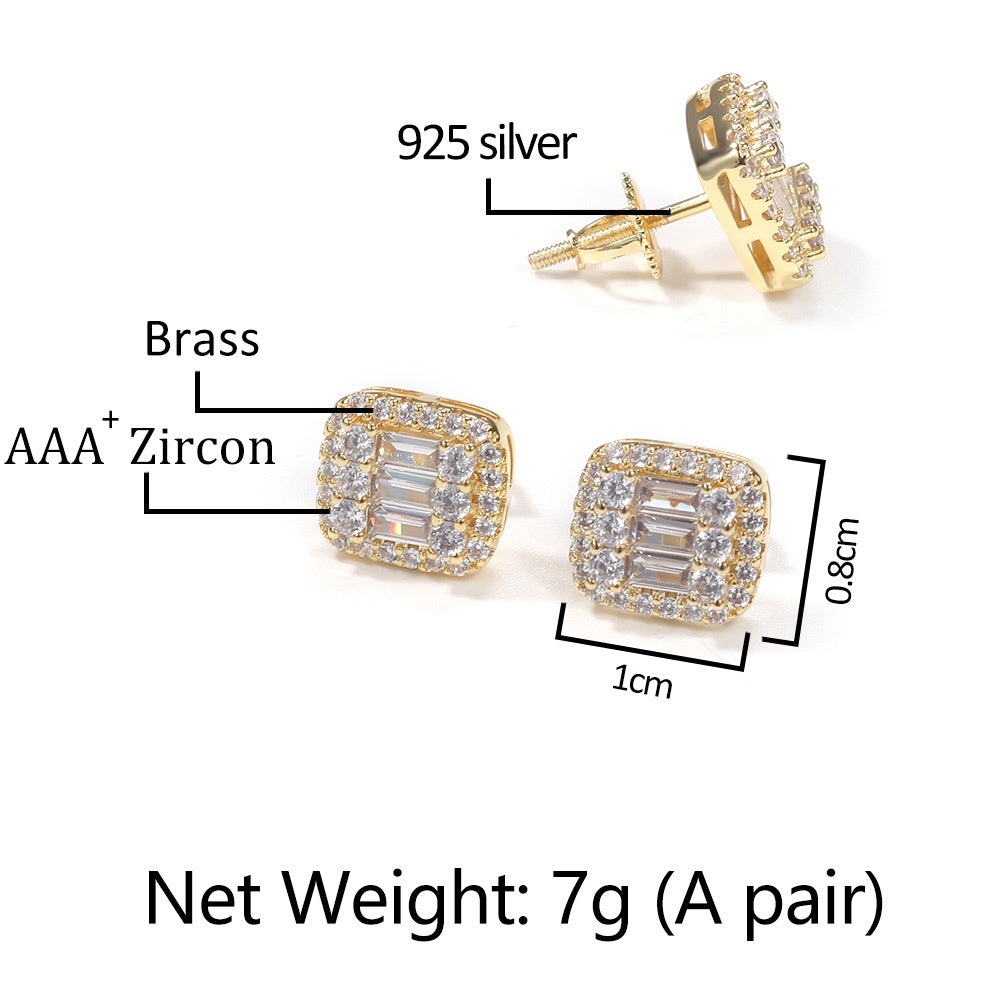 Minimalist Square Cubic Zirconia Stud Earrings for Women & Men in Gold or Silver Tone