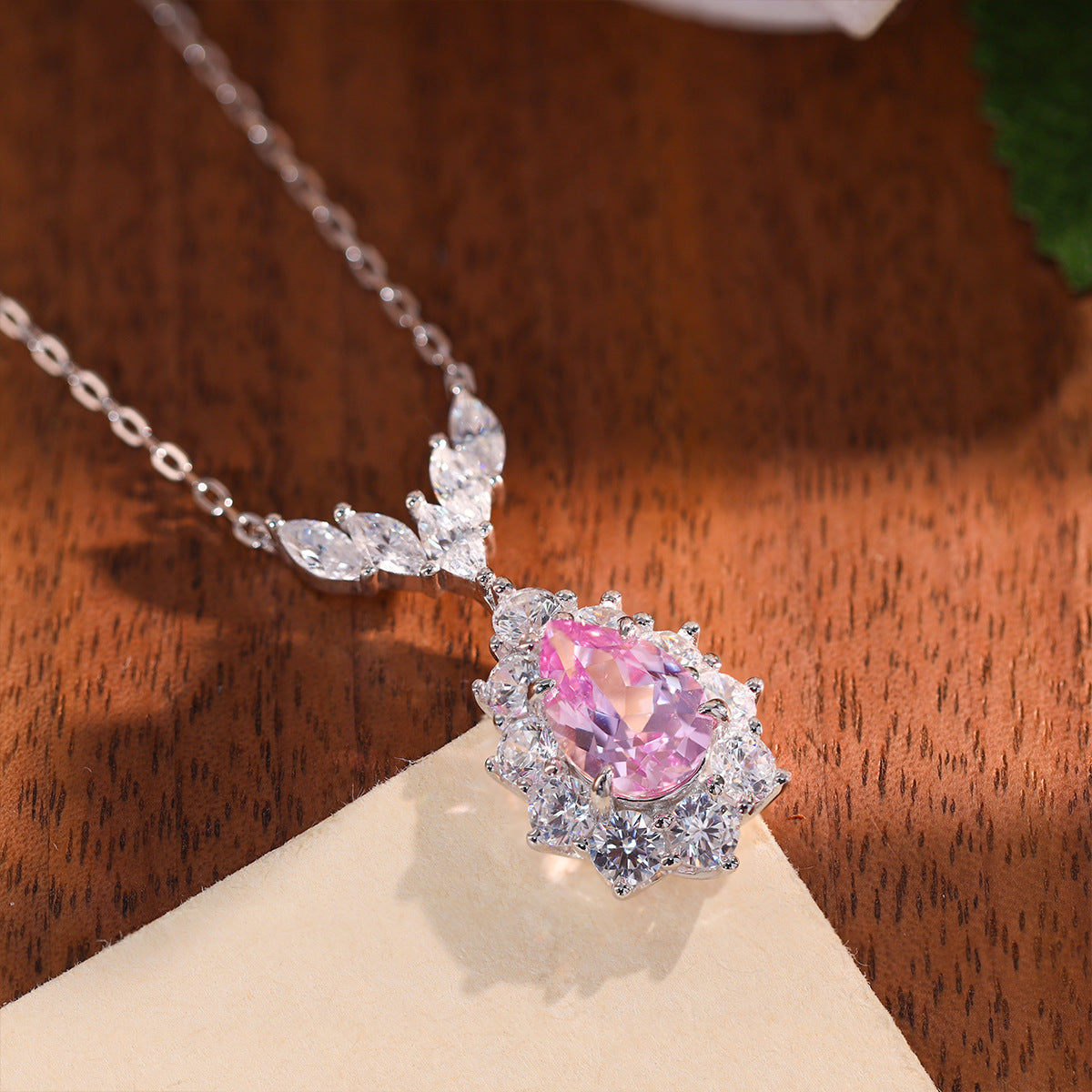 Pink Pear-Cut Pendant Necklace for Women, Leaf-Inspired Collar Chain, Elegant Gift Jewelry product image